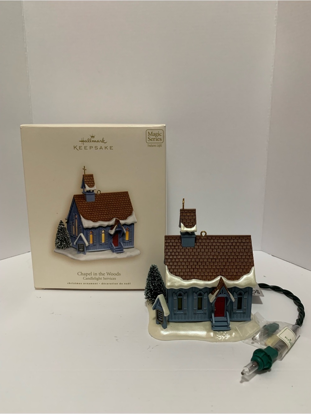 Hallmark Blue Chapel in the Woods Lighted Ornament with Brown Roof